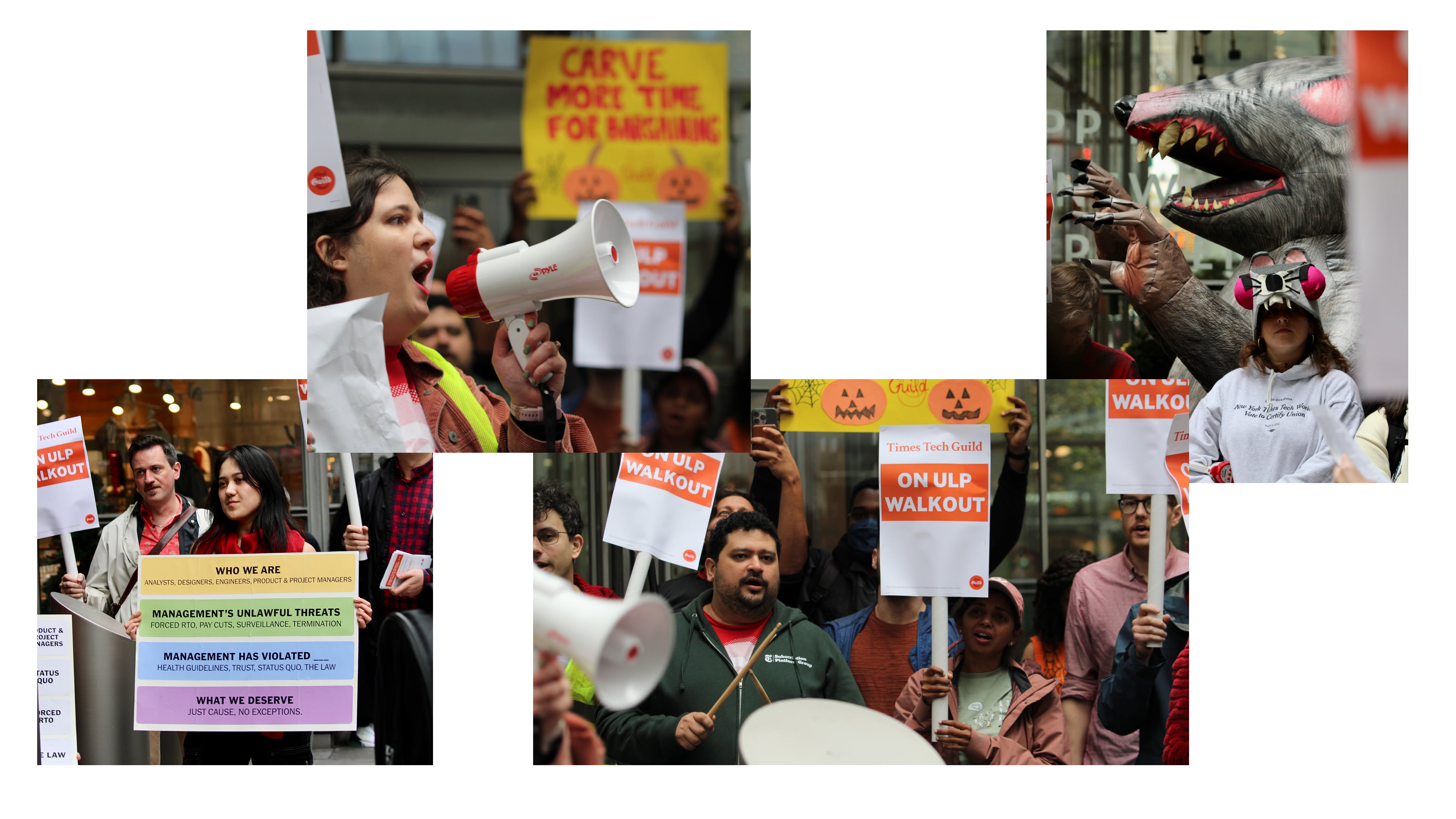 photo collage of New York Times Tech Guild members on a walkout outside the New York Times building